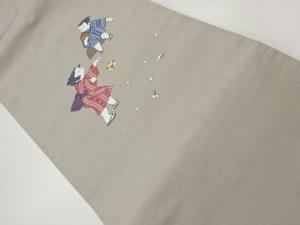 手織り紬手描き童子に毬・花弁模様名古屋帯